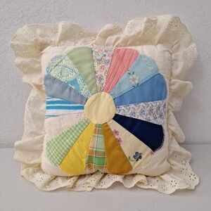 Vintage Handmade Patchwork Quilted Pillow DOUBLE SIDED Flower Pattern 12 x 12